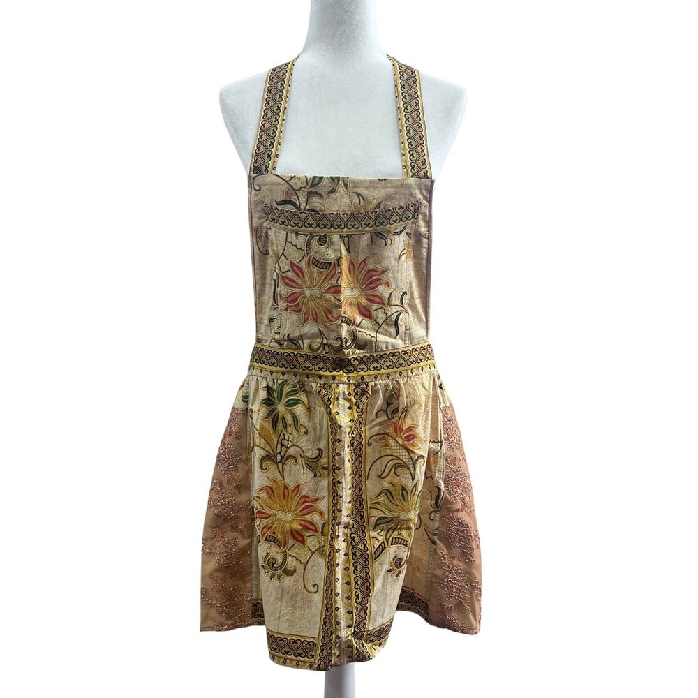 Women's Gold Floral Lace Handmade Apron Large Pocket‎ Cotton Size M/L